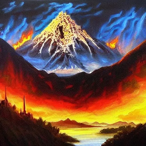 Image similar to mordor from the lord of the rings, painting by bob ross