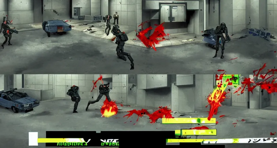 Prompt: 1993 Video Game screenshot for Akira style Anime Neo-tokyo Cyborg bank robbers vs police, Set inside of the Bank, Open Bank Vault, Multiplayer set-piece Ambush, Tactical Squads :10, Police officers under heavy fire, Destructible Enviorments, Gunshots, Bullet Holes and Anime Blood Splatter, :10 Gas Grenades, Riot Shields, MP5, AK45, MP7, P90, RPG, Chaos, Anime Machine Gun Fire, Gunplay, Shootout, :14 80s anime style, FLCL + GOLGO 13 :10, Created by Katsuhiro Otomo + Studio Gainax: 20