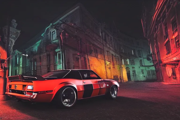 Image similar to widebody audi camaro b 1 ( 1 9 6 9 ), need for speed : carbon, at night, neon lines, lviv historic centre, phonk music background, smoke behind wheels, noise, dark, establishing shot, by simon stalenhag