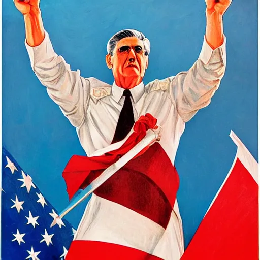 Image similar to soviet propaganda of robert mueller holding soviet flag by j. c. leyendecker, bosch, lisa frank, jon mcnaughton, and beksinski