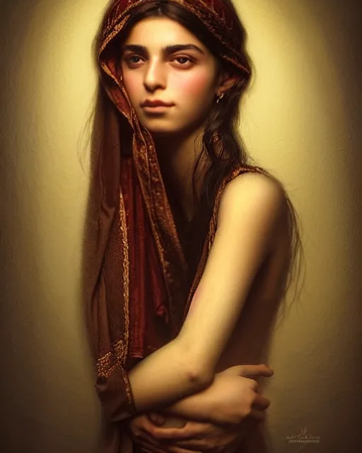 Image similar to a highly realistic, true to life portrait of a beautiful young middle eastern girl, soft focus, from the waist up, with sharp features, a beautiful face, soft smile, under studio lighting, taken with a canon eos camera with 1 3 5 mm focal length, art by karol bak, james jean, tom bagshaw, trending on artstation,