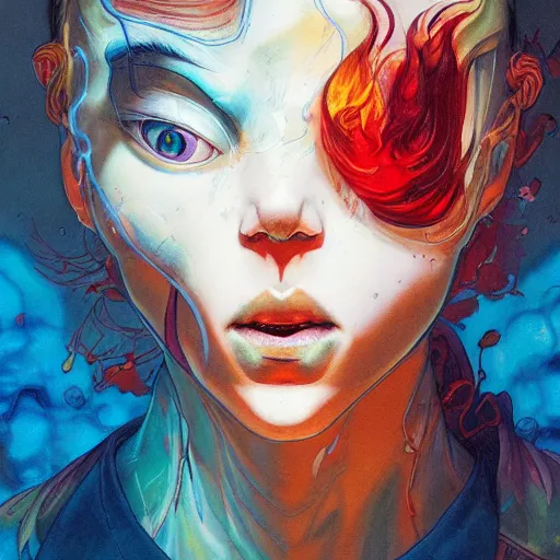 Image similar to prompt : flames portrait soft light painted by james jean and katsuhiro otomo and erik jones, inspired by evangeleon anime, smooth face feature, intricate oil painting, high detail illustration, sharp high detail, manga and anime 1 9 9 9