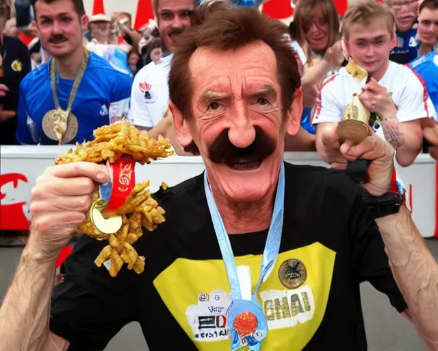 Prompt: Barry Chuckle wins the gold medal at the burger eating contest, trending on Artstation