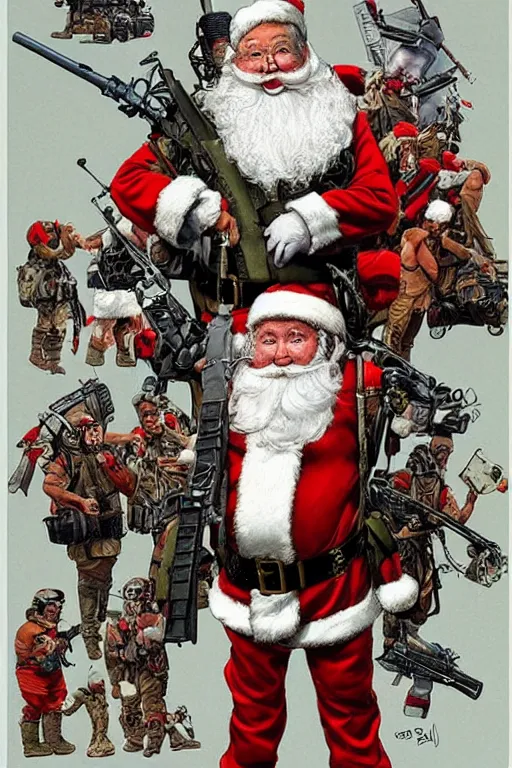 Image similar to concept of Santa Claus holding a M61 Vulcan and wearing an army harness vest full of pouches, by Geof Darrow and Simon Bisley, detailed, full body