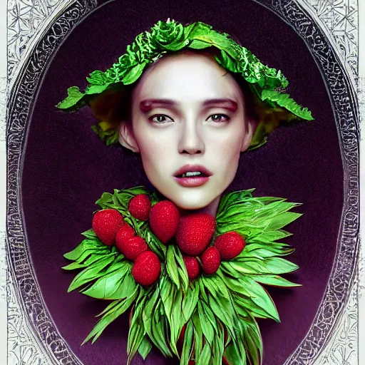 Image similar to the portrait of an absurdly beautiful, graceful, elegant, sophisticated, stylish woman made of strawberries and green petals looking up, an ultrafine hyperdetailed illustration by kim jung gi, irakli nadar, intricate linework, bright colors, octopath traveler, final fantasy, unreal engine 5 highly rendered, global illumination, radiant light, detailed and intricate environment