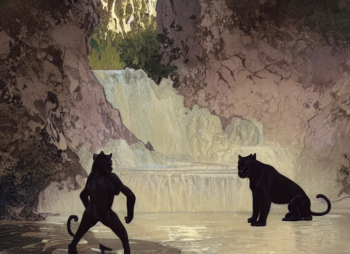 Image similar to animal concept of a black panther melanistic deep black leopard walking on Pamukkale, thermal waters flowing down gold travertine terraces, accurately portrayed, portrait art by alphonse mucha and greg rutkowski, highly detailed, digital painting, concept art, illustration, dim lighting with twilight rays of sunlight, trending on artstation, very detailed, smooth, sharp focus, octane render, close up