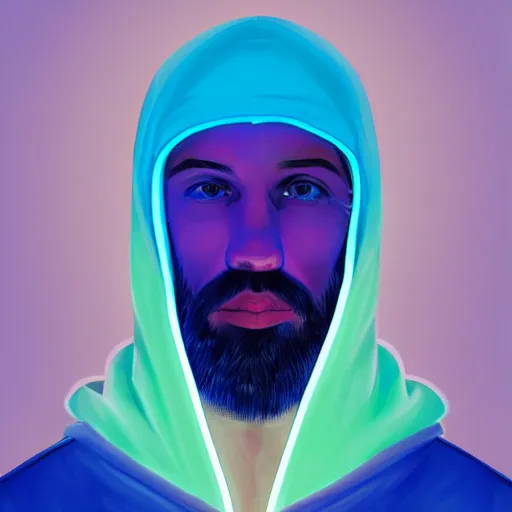 Image similar to a portrait of an ultradetailed futuristic male cyberpunk wearing a hoodie on his head, bearded, deep blue eyes, by dylan kowalski, 8 k, purple neon colours, digital painting, trending on gc society