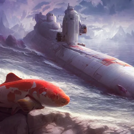 Image similar to subsurface scattering, white, giant submarine, koi colors only, octane render, jesper ejsing, justin gerard, james jean, tomasz alen kopera, cgsociety, fenghua zhong, makoto shinkai, highly detailed, rim light, art, cinematic lighting, very coherent, hyper realism, 8 k