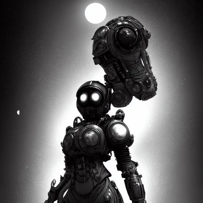 Image similar to a vertical portrait of a character in an spaceship, moon behind, by nihei tsutomu, black and white, dreamy, steampunk bioarmor, highly detailed, 3 d render, vray, octane, realistic lighting