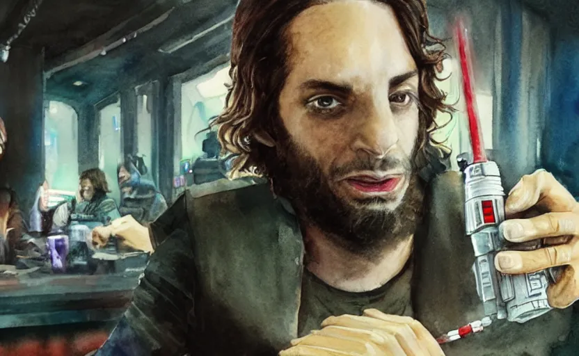 Image similar to an accurate realistic star wars watercolor fantasy concept art of a drug dealer that looks like chris d'elia looking angry in a sleazy futuristic bar of coruscant, hq, 4 k