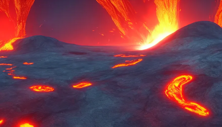 Image similar to a volcanic landscape, golden flowing lava, cinematic lighting, behance hd, trending on artstation, global illumination, radiating, a glowing aura, ray tracing, hdr, matte painting