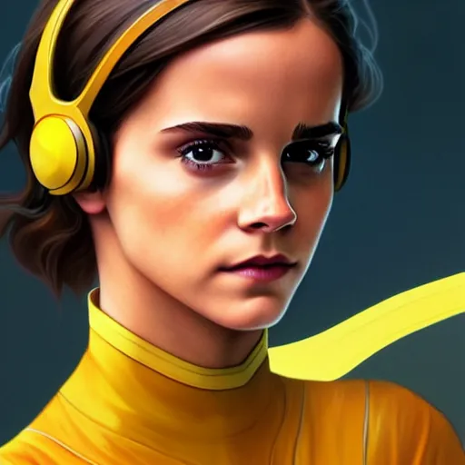 Image similar to beautiful Emma Watson as Kid Flash with a headset, western, closeup, D&D, fantasy, intricate, elegant, highly detailed, digital painting, artstation, concept art, matte, sharp focus, illustration, art by Artgerm and Greg Rutkowski and Alphonse Mucha