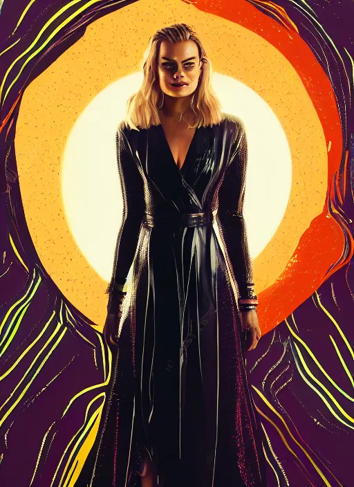 Prompt: detailed Illustration of Margot Robbie in a Solarpunk leather robe, abstract sun in background, full body portrait, shiny skin, soft lighting, sharp details, warm colors, studio portrait, 35 mm film, subsurface scattering, lens flare