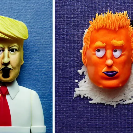 Image similar to edible donald trump made step by step : 1 ) face is made of orange pieces 2 ) hair is made of shredded lemon skin 3 ) suit is made of blueberries and whipped cream 4 ) fine details are filled in using sprinkles, from the beautiful'food art collection ', dslr