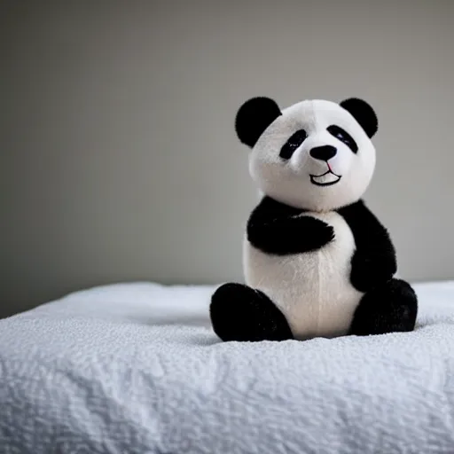 Image similar to a dirty plushie panda sitting alone at the end of a clean white bed. Emotions. Award winning photography