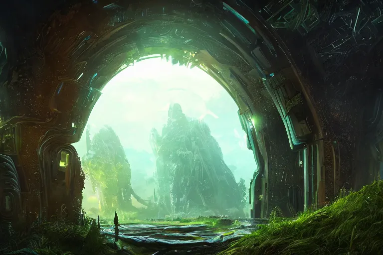 Prompt: ancient bright glowing epic portal to another dimension, scifi, glowing, slightly overgrown, lush, beautiful, cinematic, futuristic, gate, artstation, mattepainting