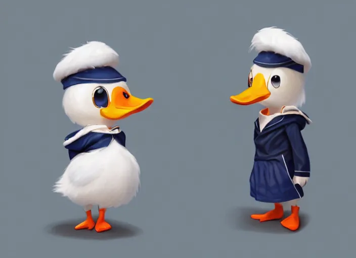 Image similar to detailed concept art of a cute iconic anthropomorphic duck character wearing a sailor suit by wlop on bcy. net, realistic. detailed feathers, art by cheng yi. artstationhd