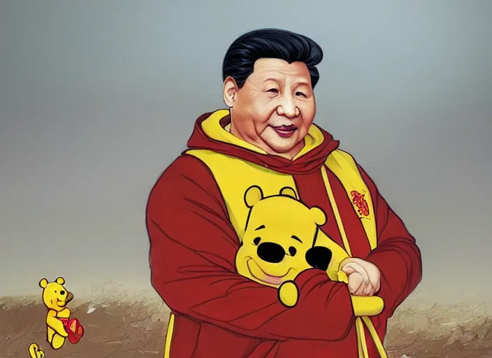 Image similar to portrait of Xi Jinping wearing a Winnie the Pooh onesie in a trashy Chinese dirt poor landfill, hungry, beta weak male, digital painting, concept art, smooth, sharp focus, illustration, from Metal Gear, by Ruan Jia and Mandy Jurgens and William-Adolphe Bouguereau, Artgerm, masterpiece