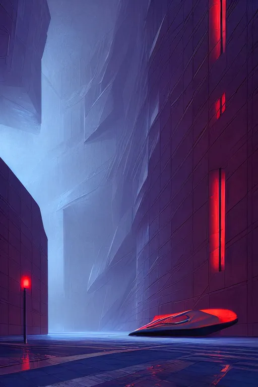 Prompt: emissary futuristic downtown with red street lamps, windows lit, marble, by tim blandin and arthur haas and bruce pennington and john schoenherr, cinematic matte painting, zaha hadid building, photo realism, dark moody color palate, blue hour stars, desolate glacial landscape,