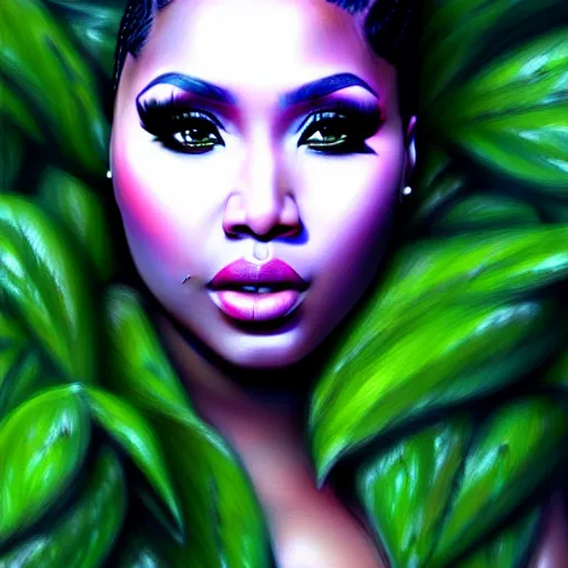 Image similar to nicki minaj clothed in leaves digital painting, photorealistic, in the style of greg rutkowski, full body, detailed face