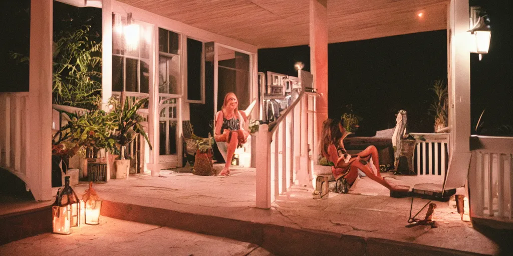 Image similar to summer lynn hart on the schwartz porch at night, cinestill 8 0 0 t