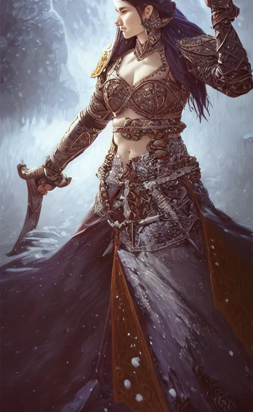 Image similar to azure viking warrior, regal, elegant, winter, snow, beautiful, stunning, hd, illustration, epic, d & d, fantasy, intricate, elegant, highly detailed, wide angle, digital painting, artstation, concept art, smooth, sharp focus, illustration, wallpaper, art by artgerm and greg rutkowski and alphonse mucha and jin xiaodi