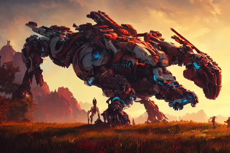 Image similar to ravager machine mecanical creature robot of horizon forbidden west horizon zero dawn radiating a glowing aura global illumination ray tracing hdr fanart arstation by ian pesty and alena aenami artworks in 4 k