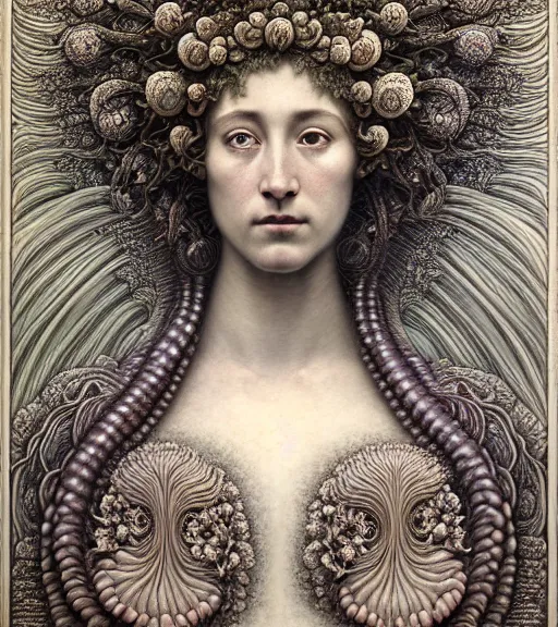 Image similar to detailed realistic beautiful flower goddess face portrait by jean delville, gustave dore, iris van herpen and marco mazzoni, art forms of nature by ernst haeckel, art nouveau, symbolist, visionary, gothic, neo - gothic, pre - raphaelite, fractal lace, intricate alien botanicals, ai biodiversity, surreality, hyperdetailed ultrasharp octane render