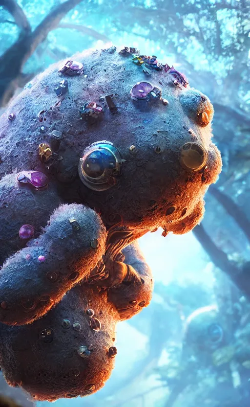 Image similar to microscopic tardigrade, microbiology, magical forest, ruins, civilization, futuristic, sharp focus, electric, backlight, furry, soft, concept art, intricate details, highly detailed, photorealistic, disney pixar, octane render, iridescent, global illumination, anime, 8 k