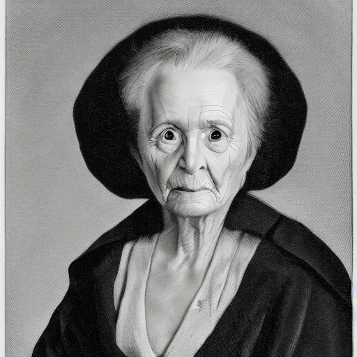 Prompt: black and white portrait of an elderly woman holding a skull