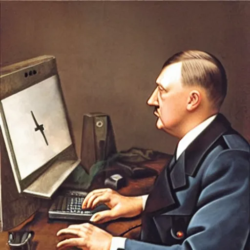 Prompt: hitler using a computer, realistic, detailed by da vinci