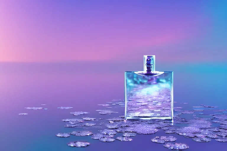 Image similar to perfume bottle close shot, sharp focus, global illumination, standing on lilipads in a cool blue frosted pond, dramatic, mid day, lilac aurora borealis background, soft lilac skies, large scale, hyperrealistic, lots of detail, realistic lighting, octane render, by wlop, artgerm, trending on artstation