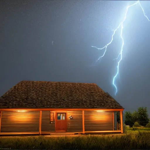 Image similar to a ultra realistic blue lightning arc over a cabin in the wood, by night. complex, highly detailed, unreal engine 5, 8 k render