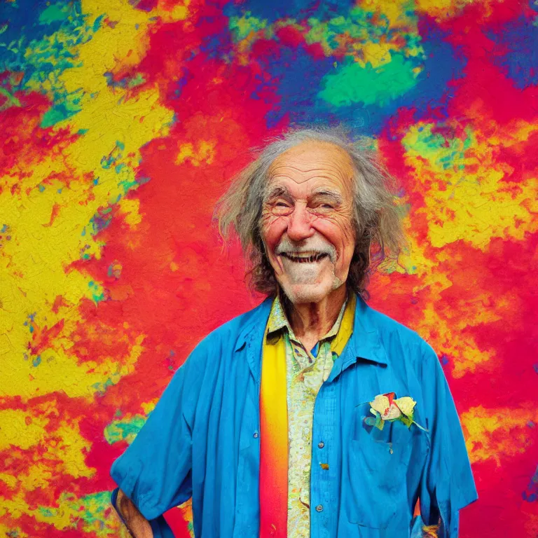 Prompt: colorful portrait photograph of a smiling aging hippy wearing an event horizon for a shirt, intense color photograph by william eggleston, shocking detail realism cosmic trending on artstation 8 k