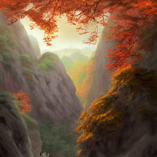 Image similar to huangshan with levitating stones in zero gravity, no trees, ancient redwood forest, taoist temples and monks, artwork by ansel adams, andreas rocha, artstation, scifi, hd, wide angle, viewed from within a stone grotto, autumnal, sunset