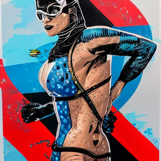 Image similar to full body painting of an underwater diver, by MARVEL comics and Sandra Chevrier