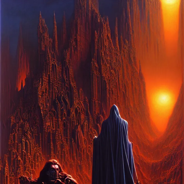 Prompt: lord of darkness watching, tim hildebrandt, wayne barlowe, bruce pennington, donato giancola, larry elmore, oil on canvas, masterpiece, trending on artstation, featured on pixiv, cinematic composition, dramatic pose, beautiful lighting, sharp, details, hyper - detailed, hd, hdr, 4 k, 8 k