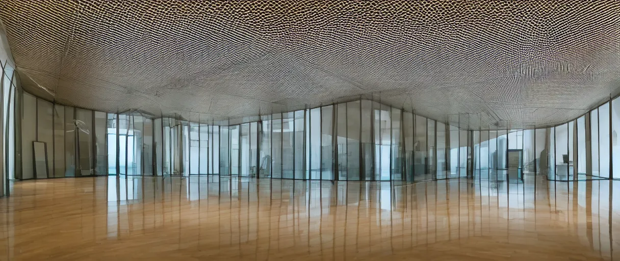 Prompt: interior of a hallroom of museum with amazing ambient and 3 d layered mesh ceiling with reflection in floors