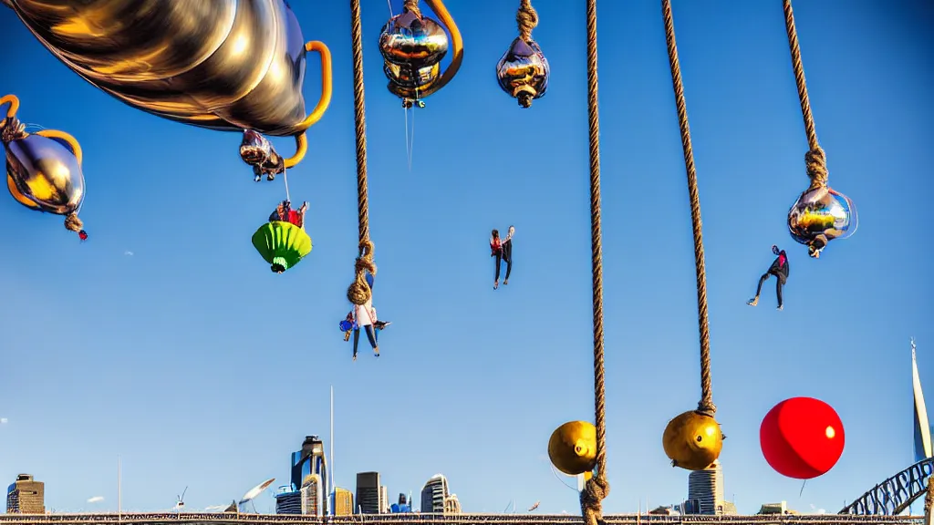 Prompt: large colorful futuristic space age metallic steampunk balloons with pipework and electrical wiring around the outside, and people on rope swings underneath, flying high over the beautiful sydney city landscape, professional photography, 8 0 mm telephoto lens, realistic, detailed, photorealistic, photojournalism