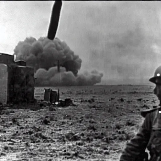 Image similar to world war 2 footage of germany testing a nuclear bomb, taken on a ww 2 camera, you can see a single german soldier standing next to the camera, realistic.