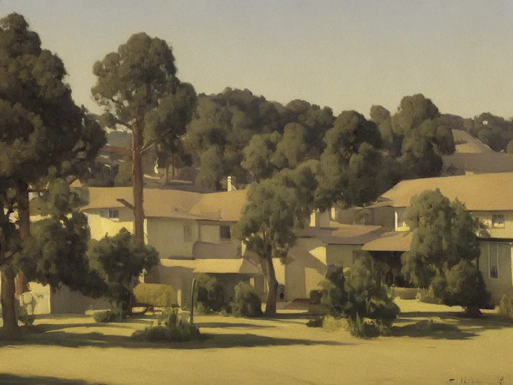 Prompt: a painting of california suburb by peter ilsted