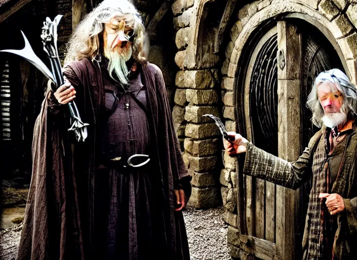 Prompt: gandalf standing with frodo in bag end, bag end in the style of h. r. giger, image from a movie, detailed, realistic, live action