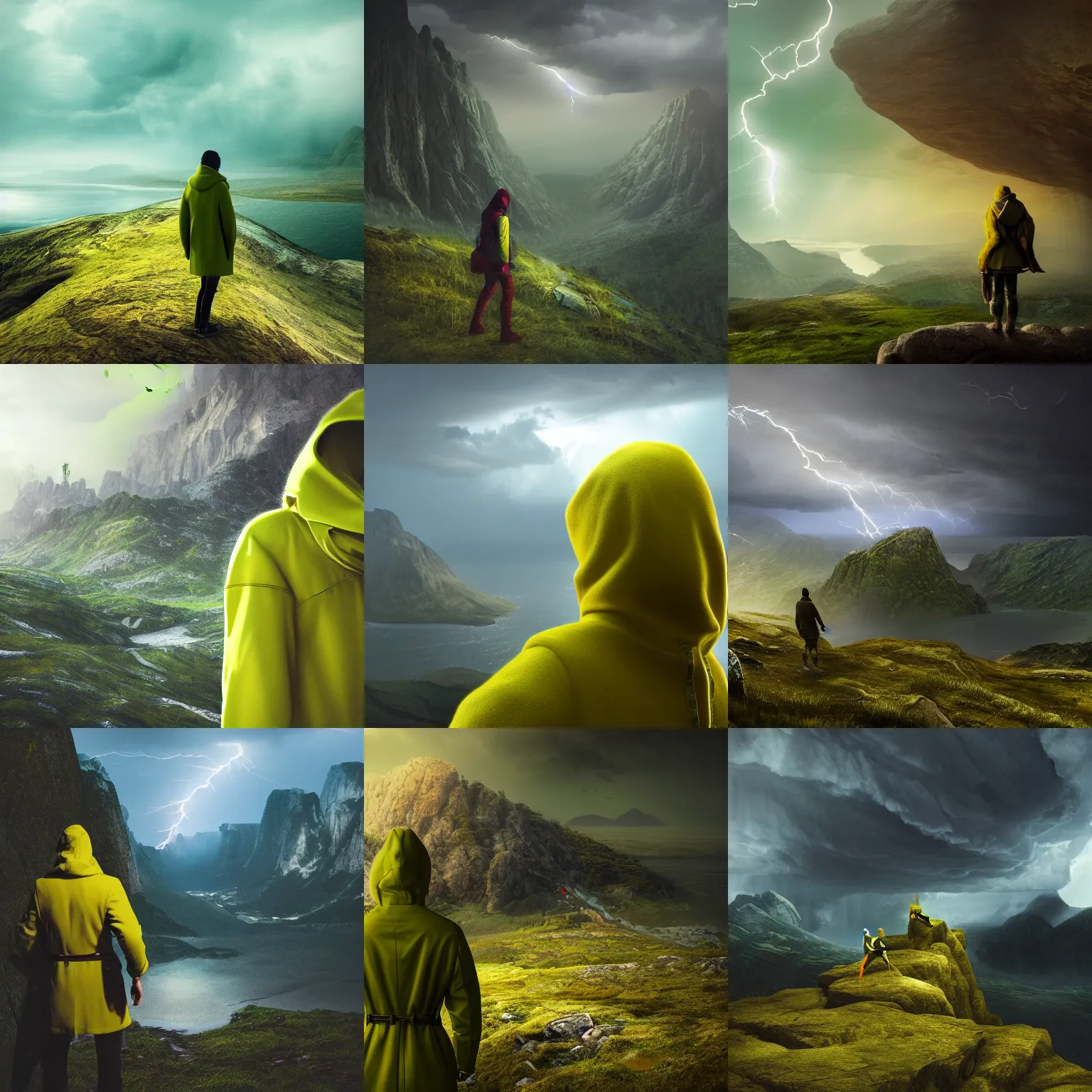 Prompt: Beautiful digital art of an adventurer in a lime coloured coat covering his face looking to the side with epic landscape in background, 4K Ultra HD, dramatic lightning, trending on artstation, high detail, epic composition, Octane render