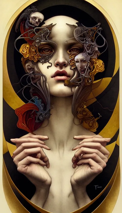 Image similar to M. C. Escher looking puzzled painted by tom bagshaw, mobius, mucha M. C. Escher, gold paint, ink, gnarly details