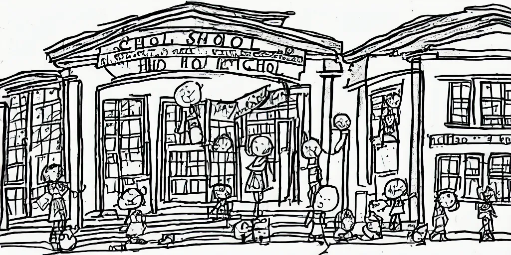 Image similar to school exterior, children's hand drawn illustration