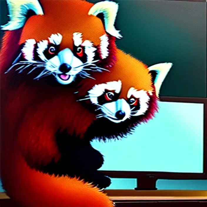 Image similar to an oil painting of a red panda playing video games on a pc, furry, gamer, oil on canvas, cute, highly detailed, soft lighting, pretty