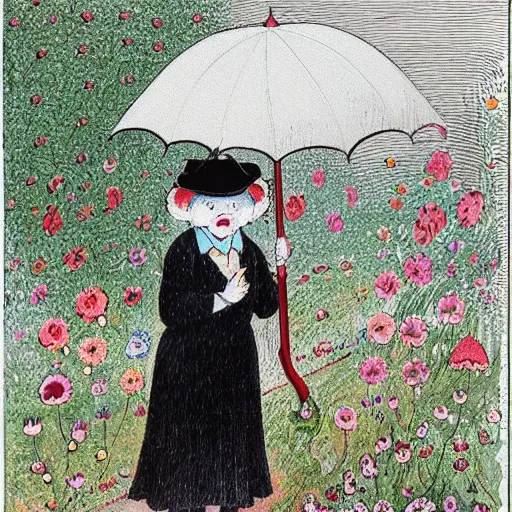 Image similar to an old lady is very excited about an umbrella in her back yard, in the style of Louis wain