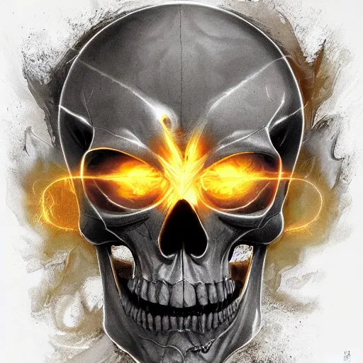 Image similar to divine skull symbol glowing in white yellow light spell scroll art by artgerm and greg rutkowski and Craig Mullins, James Jean, Andrey Ryabovichev, Mark Simonetti and Peter Morbacher 16k