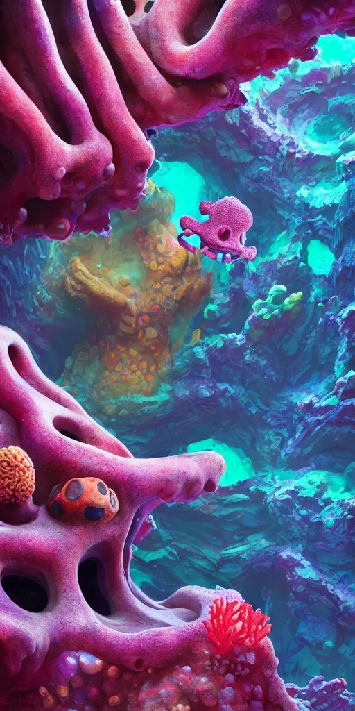 Image similar to of a colorful deep sea cave with strange cute friendly happy creatures with huge eyes, mouth, long tongue and round teeth appearing from sandy coral, in the style of gehry and gaudi, macro lens, shallow depth of field, ultra detailed, digital painting, trending artstation, concept art, illustration, cinematic lighting, photorealism, epic, octane render