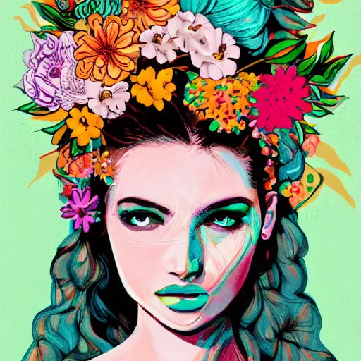 Prompt: a painting of a woman with flowers in her hair, directed gaze, digital art by james jean, featured on behance, photoillustration, behance hd, maximalist